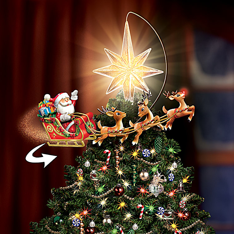 Rudolph The Red-Nosed Reindeer Hand-Painted Tree Topper Featuring A Hand-Painted Santa, Sleigh & Reindeer Team That Rotates Around An Illuminated Star